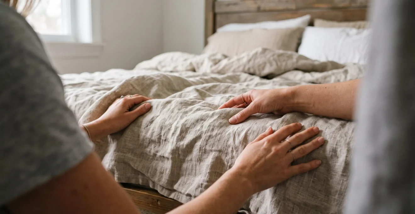 Une personne prépare un lit en installant du linge en lin sur un matelas équipé d'un sur-matelas à mémoire de forme visible, montrant les différentes couches du système de couchage dans une chambre résidentielle
