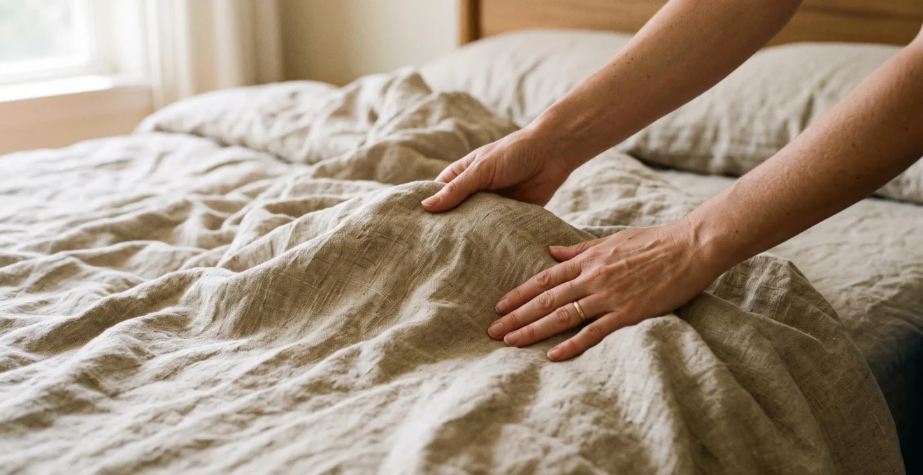 Gros plan sur des mains manipulant un drap en lin de qualité, révélant la texture naturelle du tissage et le tombé caractéristique de la matière