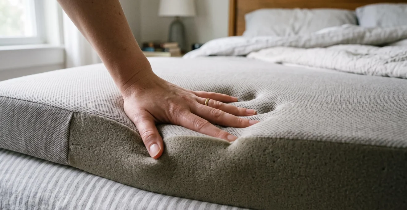 Gros plan sur une main appuyant sur un sur-matelas à mémoire de forme, révélant l'empreinte dans la mousse et la texture adaptative du matériau